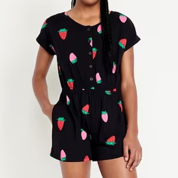 Old Navy Printed Short-Sleeve Button-Front Strawberry Print Romper for Girls NWT - Picture 1 of 5